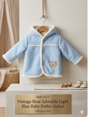 Vintage Bear Adorable Light Blue Baby Puffer Jacket